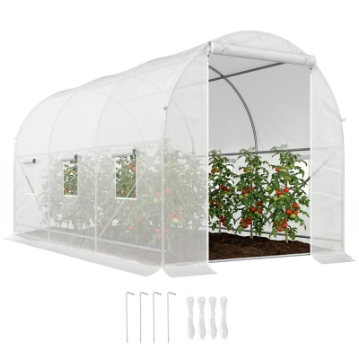 Outsunny 11.5x6.6x6.6ft Walk-in Tunnel Greenhouse Portable Garden Plant Growing Warm House with Door and Ventilation Window, White