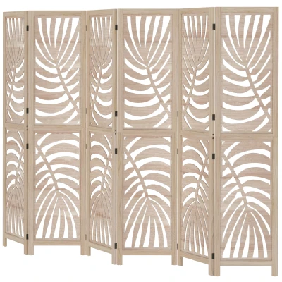HOMCOM 6 Panel Room Divider, Detachable Folding Privacy Screens with Palm Leaf Design for Home Office, Natural Wood
