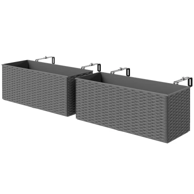 Outsunny 2 Pack 20 Inch Hanging Flower Pots, Railing Planter Box for Fence, Garden, Rattan Look, Grey