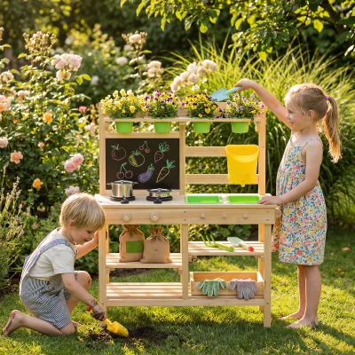 Qaba Kids Wooden Mud Kitchen with Kitchenware & Tools, Natural