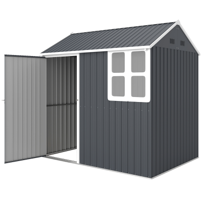 Outsunny 7' x 5.5' Metal Garden Storage Shed, Outdoor Tool Storage House with Lockable Door, Vents, Sloped Roof, Dark Grey