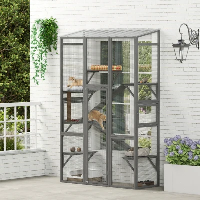 PawHut Large Outdoor Wooden Catio with Platforms & Ramps