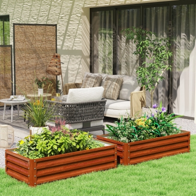 Outsunny 4' x 2' x 1' Raised Garden Bed, Set of 2 Galvanized Planter Box for Vegetables, Flowers, Herbs, Dark Brown Wood Effect