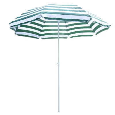 Outsunny 6FT Round Beach Umbrella with Tilt Mechanism, Outdoor UV Protection Sun Shaded Canopy with Push Button, Striped Green