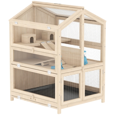 PawHut Wooden 3-Tier Hamster Cage w/ Pull-Out Tray & Hut