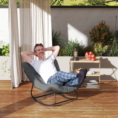 Outsunny Outdoor Rocking Chair, Oversized Patio Egg Chair with Padded Cushion, Rattan Wicker for Indoor, Backyard, Dark Grey