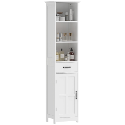 kleankin Modern Bathroom Cabinet, Narrow Bathroom Vanities with 3 Open Shelves, Drawer and Adjustable Shelf, White