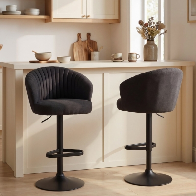 HOMCOM Adjustable Bar Stools Set of 2, Upholstered Kitchen Stools with Swivel Seat, Steel Frame, Footrest, ‎Black