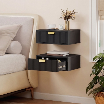 HOMCOM Modern Floating Nightstands Set of 2, Wall Mounted Bedside Tables with Wave Drawer Black