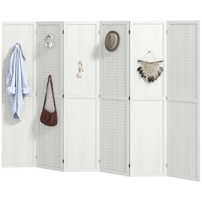 HOMCOM 5.6 Ft. Tall 6-Panel Room Divider, Pegboard Panel Folding Privacy Screen, Partition Wall Divider for Bedroom, White