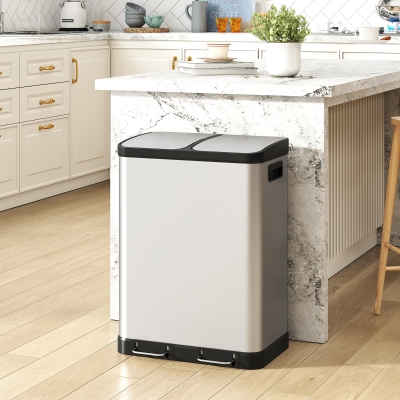 HOMCOM Kitchen Garbage Bin, 2 x 7.9 Gal (2 x 30 L) Trash Can, Soft-Close Garbage Can with Removable Inner Buckets, Silver