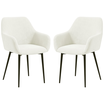 HOMCOM Dining Chairs Set of 2, Velvet-look Fabric Upholstered Kitchen Chairs with Backrest, Armrests and Steel Legs, Cream White