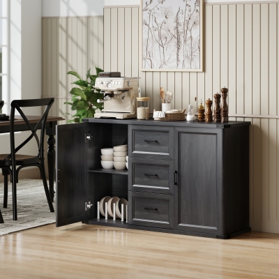 HOMCOM Sideboard with 3 Drawers and 2 Doors, 47" Buffet Cabinet with Adjustable Shelves for Kitchen, Black Wood Grain