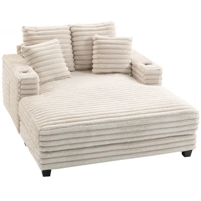 HOMCOM 60" Chaise Lounge Chair, Oversized Upholstered Sofa Bed with Cup Holders & Pillows, Sleeper Couch for Living Room, Beige