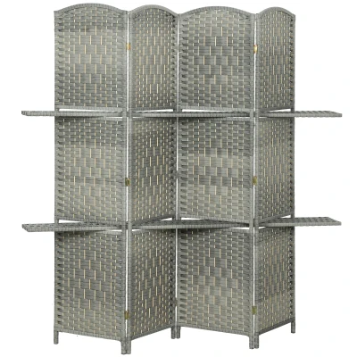 HOMCOM 6 FT Privacy Screen, 4 Panel Room Divider with Shelves for Living Room Bedroom Home Office, Grey