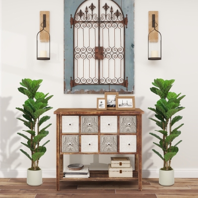 HOMCOM 4FT Artificial Fiddle Leaf Fig Tree Set of 2, Fake Potted Tree with Solid Wood Trunks for Indoor Decor, Green