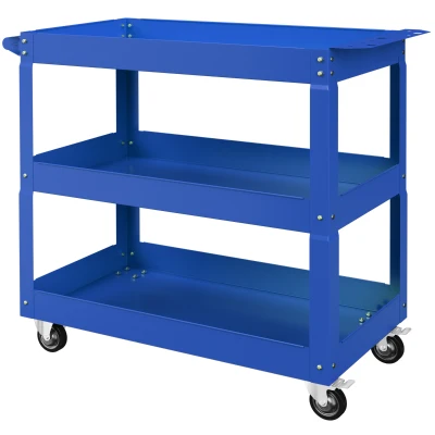 DURHAND 3 Tier Rolling Tool Cart with Wheels, 330 LBS Capacity Heavy Duty Utility Cart, Mobile Service Cart for Garage, Blue