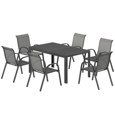 Outsunny 7 Pieces Outdoor Dining Set for 6, Patio Furniture Set with Rectangular Patio Table and Stackable Chairs, Light Grey