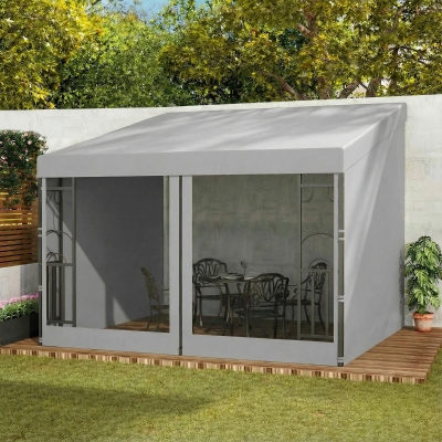 Outsunny 10' x 10' Wall Pergola, Outdoor Gazebo with 2 Curtains and 2 Nettings, UV Resistant, for Patio, Deck, Light Grey