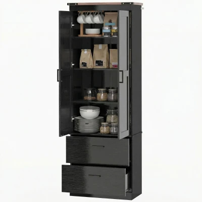 HOMCOM 67" Tall Kitchen Pantry Storage Cabinet, Kitchen Pantry Cabinet with Doors, Drawers and Adjustable Shelves, Black