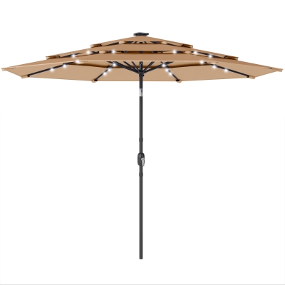 Outsunny 9.3 ft Patio Umbrella with Solar LED Lights, Cover, 3 Tier Outdoor Market Table Parasol with Tilt, Crank, Khaki
