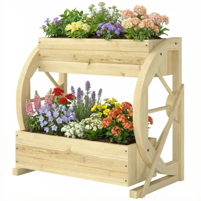 Outsunny Wooden Wagon Planter Box, 2-Tier Raised Garden Bed, for Vegetables Flowers Herbs, Natural