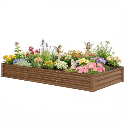 Outsunny 8 x 4 x 1ft Galvanized Raised Garden Bed, Reinforced Outdoor Planter Box with Open Bottom, Distressed Brown