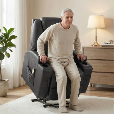 HOMCOM Power Lift Recliner Chair for Elderly, PU Leather Lift Chair with Thick and High Back, Footrest, Remote, Side Pockets, Cup Holders, Reclining Sofa for Living Room, Black