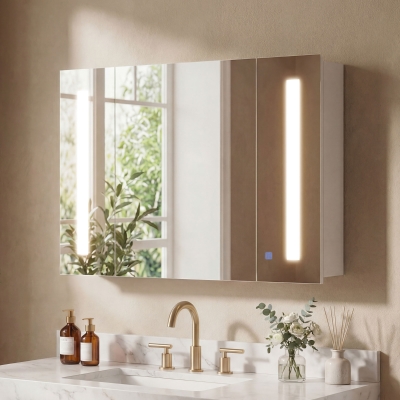 kleankin Medicine Cabinet with Mirror, Wall Mounted Bathroom Mirror Cabinet with Adjustable Shelf, USB Charge, High Gloss White