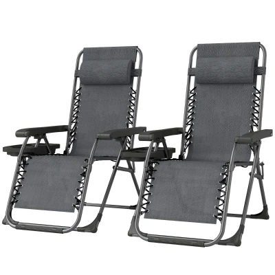 Outsunny Zero Gravity Chair Set of 2, Folding Reclining Outdoor Lounge Chair with Cup Holder, Headrest, Dark Grey