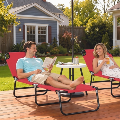 Outsunny Outdoor Folding Lounge Chair, Steel Tanning Chair with Reclining Back, Breathable Mesh for Beach, Yard, Patio, Red