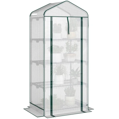 Outsunny Mini Greenhouse with Screen Roof, Portable Small Greenhouse with Roll-Up Zipper Door, 27.6" x 19.7" x 62.2", White