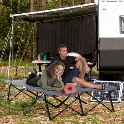 Outsunny 76" Two Person Folding Camping Cot Outdoor Portable Double Cot Wide Military Sleeping Bed w/ Carrying Bag Grey