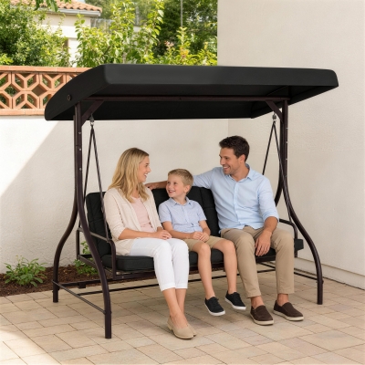 Outsunny Convertible Patio Swing Bed with Canopy and Cushions, 3 Seater Porch Swing for Outdoor, Backyard, Garden, Black