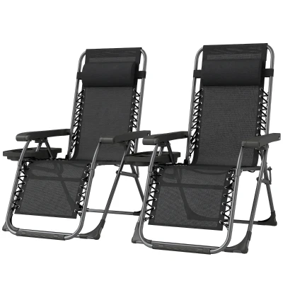Outsunny Zero Gravity Chair Set of 2, Folding Reclining Outdoor Lounge Chair with Cup Holder, Headrest, Black