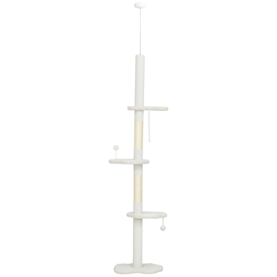 PawHut 88.5"-100.5" Floor to Ceiling Cat Tree, Cat Tower with Scratching Posts, Cloud Shaped Platforms, Dangling Balls, Cream
