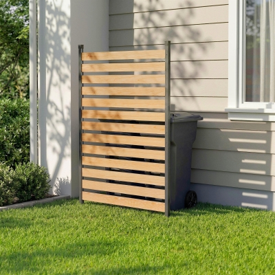 Outsunny Privacy Screen Panel, 38" x 76" No Dig Space Divider with Fir Wood Planks and Aluminum Posts, Great to Hide Trash Cans