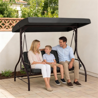 Outsunny Convertible Patio Swing Bed with Canopy and Cushions, 3 Seater Porch Swing for Outdoor, Backyard, Garden, Dark Grey