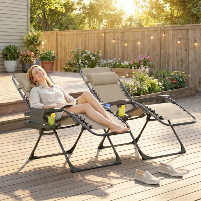 Outsunny Zero Gravity Chair Set of 2, Folding Reclining Outdoor Lounge Chair with Cup Holder, Headrest, Light Brown
