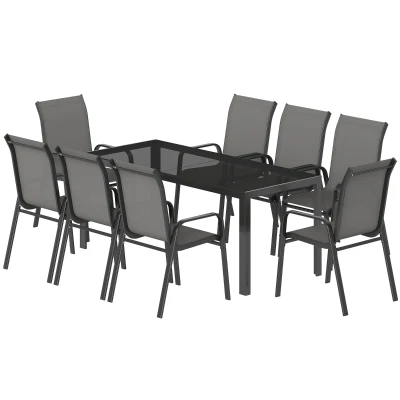 Outsunny 9 Pieces Patio Set with Stackable Chairs, Patio Dining Set with Glass Top for Garden, Patio, Backyard, Dark Grey