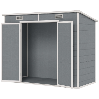 Outsunny 8' x 4' Plastic Outdoor Storage Shed with Floor, Window, Lockable Doors and Vents for Backyard Patio Lawn, Gray
