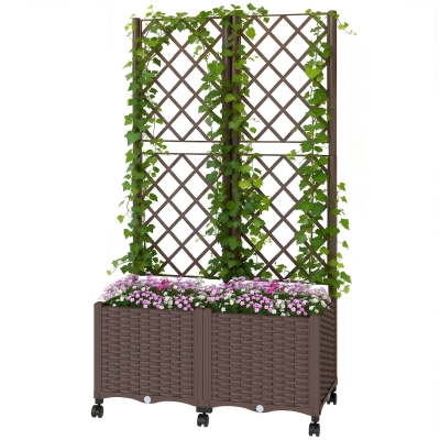 Outsunny Planter Box with Trellis, Self-Watering Raised Bed, Brown