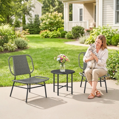 Outsunny 3 Piece Wicker Patio Furniture Set, Outdoor Bistro Set with Steel Table, Rattan Outdoor Conversation Furniture, Grey