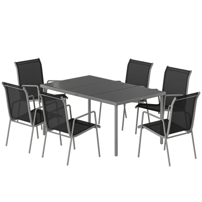 Outsunny 7 Piece Garden Dining Set, Garden Furniture Set with Rectangle Table and 6 Stackable Chairs