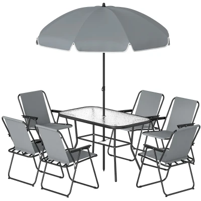 Outsunny 8 Piece Patio Table and Chairs Set with Folding Chairs, Tempered Glass Tabletop and Umbrella for Garden, Grey