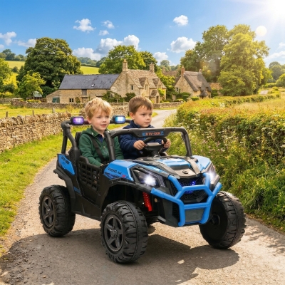 Qaba 2 Seater 24V Electric Car for Kids w/ Remote Control, 3 Speed, LED Lights, Music, Horn, Spring Suspension, Blue