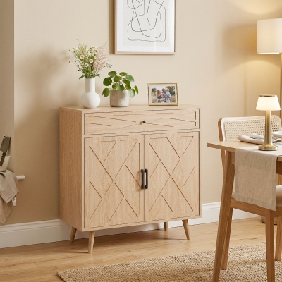 HOMCOM 30" Sideboard with Patterned Doors, Buffet Cabinet with Drawer and Cabinet for Dining Room, Oak