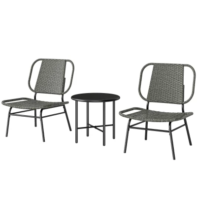 Outsunny 3 Piece Wicker Patio Furniture Set, Outdoor Bistro Set with Steel Table, Rattan Outdoor Conversation Furniture, Grey