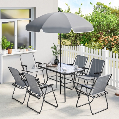 Outsunny 8 Piece Patio Table and Chairs Set with Folding Chairs, Tempered Glass Tabletop and Umbrella for Garden, Grey