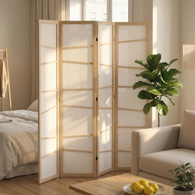 HOMCOM 66.9" Folding Room Divider, 4 Panel Wall Partition with Wood Frame for Bedroom, Home Office, Natural Wood